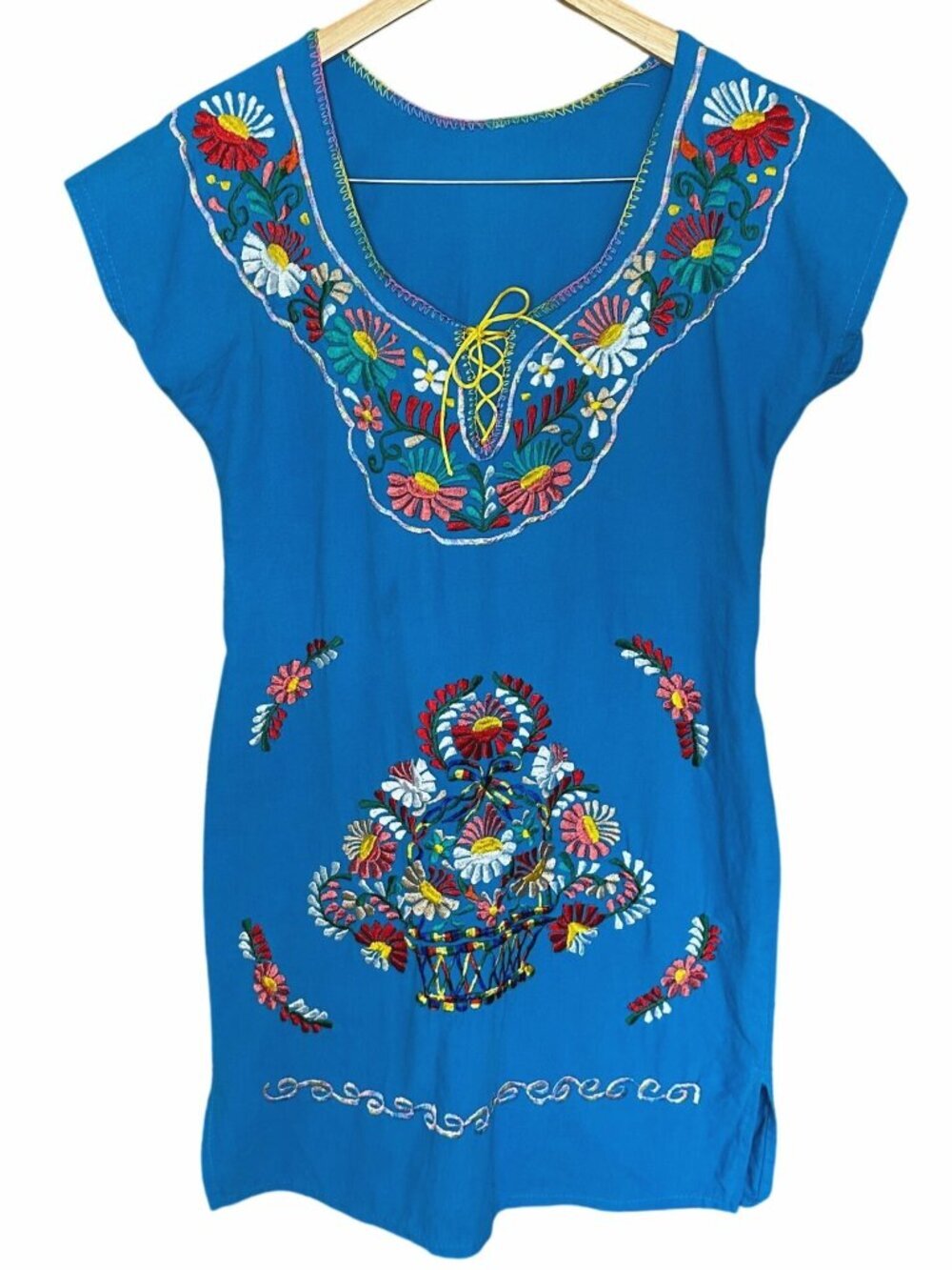 Vintage Handmade Mexican Embroidered Folk Dress Small Boho Lace-up Blue Floral